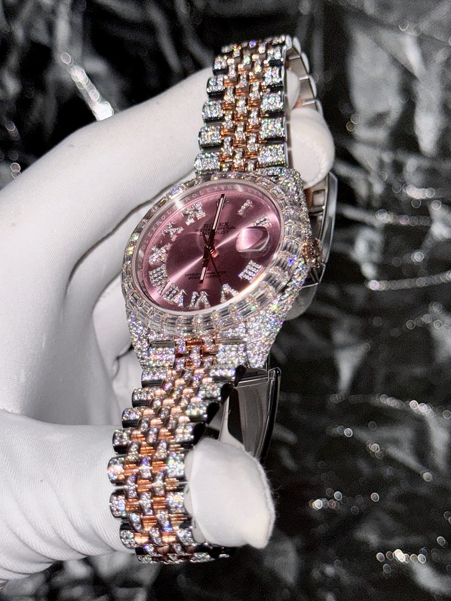 Rolex Replica Watch DateJust With Full Moissanite Diamond Pink Dial 41mm - Soul Replicas