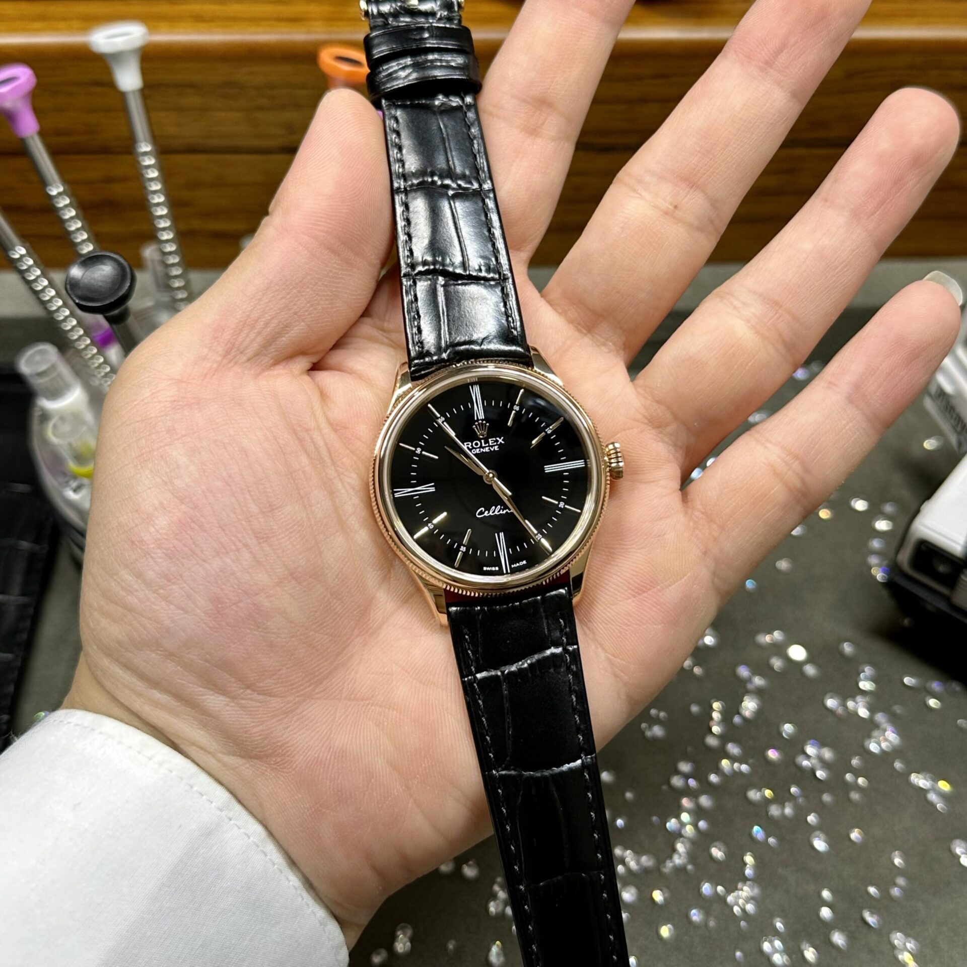 Rolex Replica Watch Cellini Time 50505 Black Dial Leather Strap 39mm - Soul Replicas