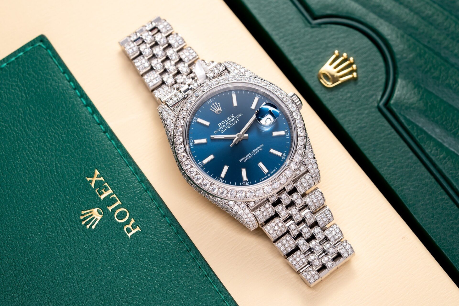 Rolex DateJust 126334 Replica Watch Blue Dial Full Diamond Moissanite 41mm - Soul Replicas