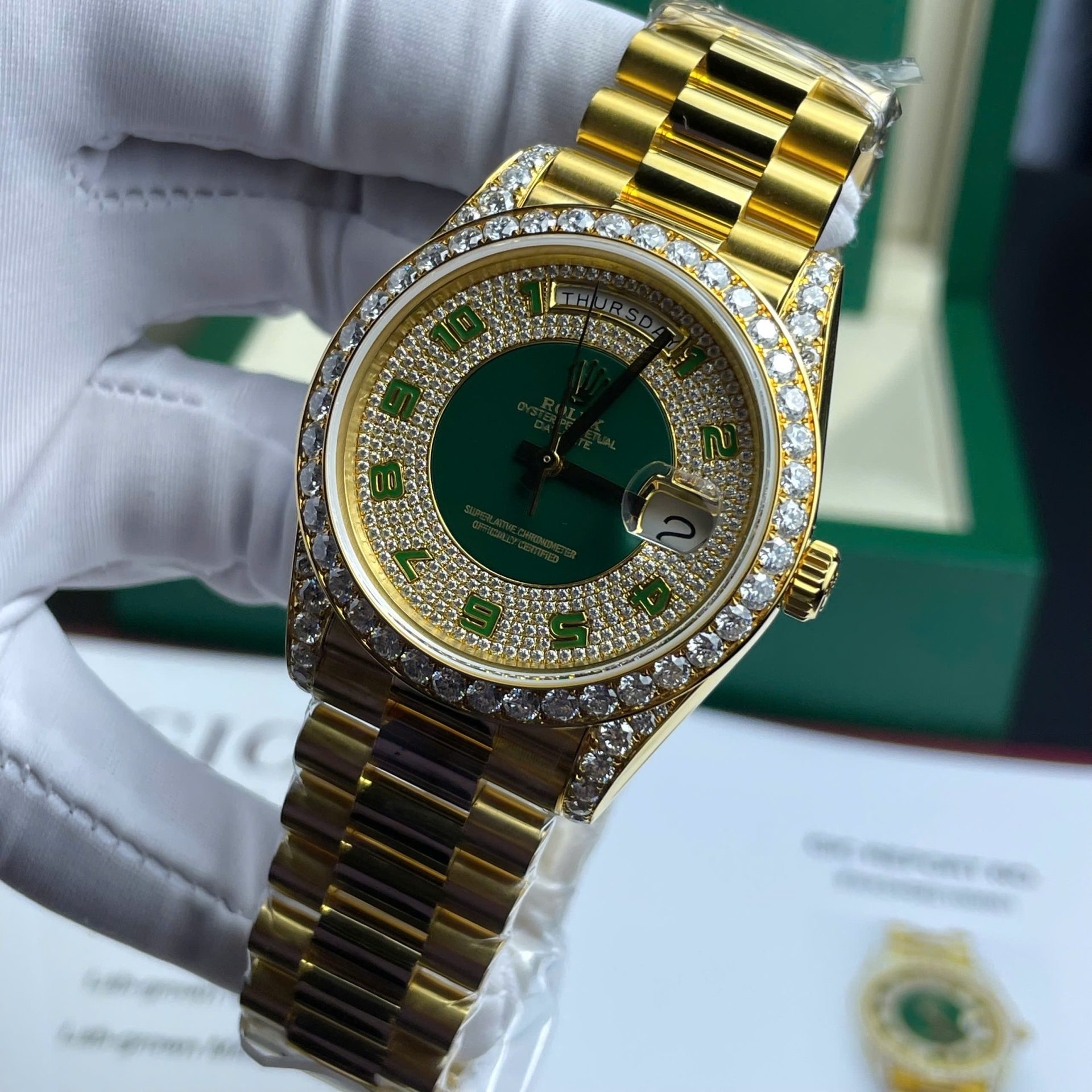 Rolex Day-Date Replica Watch Gold Wrapped + Moissanite Diamonds Weight 173 Gram 40mm - Soul Replicas
