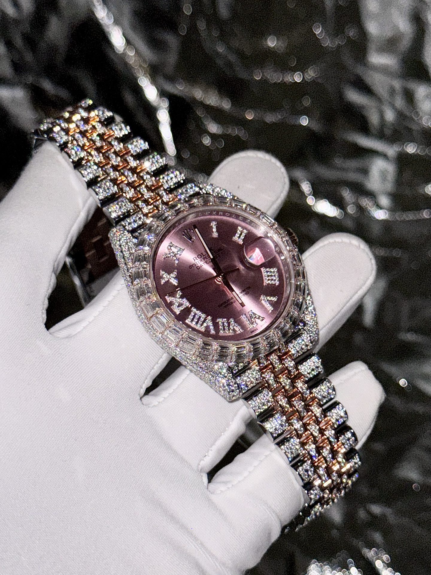 Rolex Replica Watch DateJust With Full Moissanite Diamond Pink Dial 41mm - Soul Replicas