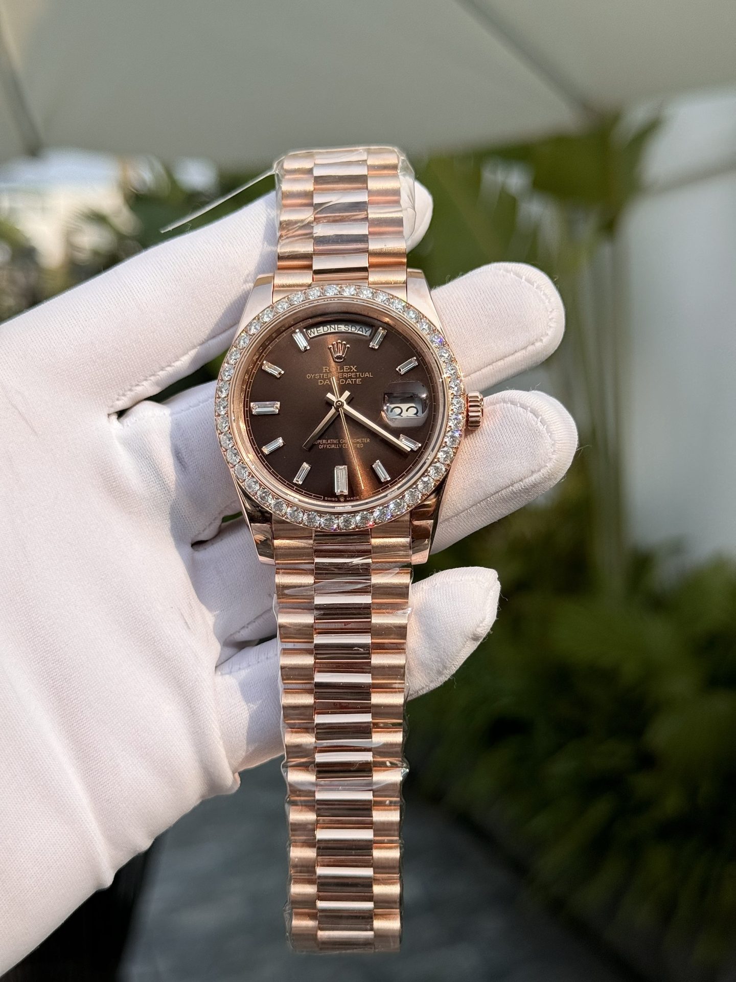 Rolex Replica Watch Day-Date Custom Gold Wrapped Moissanite Diamonds Dial Chocolate GM Factory 40mm - Soul Replicas