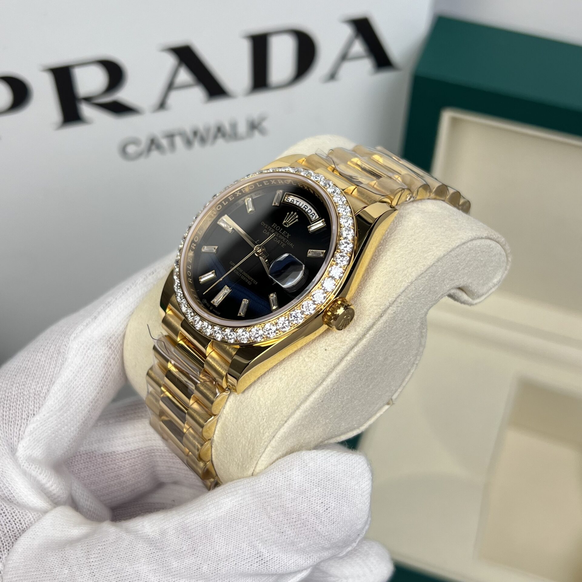 Rolex Day-Date Replica Watch 18K Gold Wrapped Black Dial With Diamond Bezel GM V2 40mm - Soul Replicas