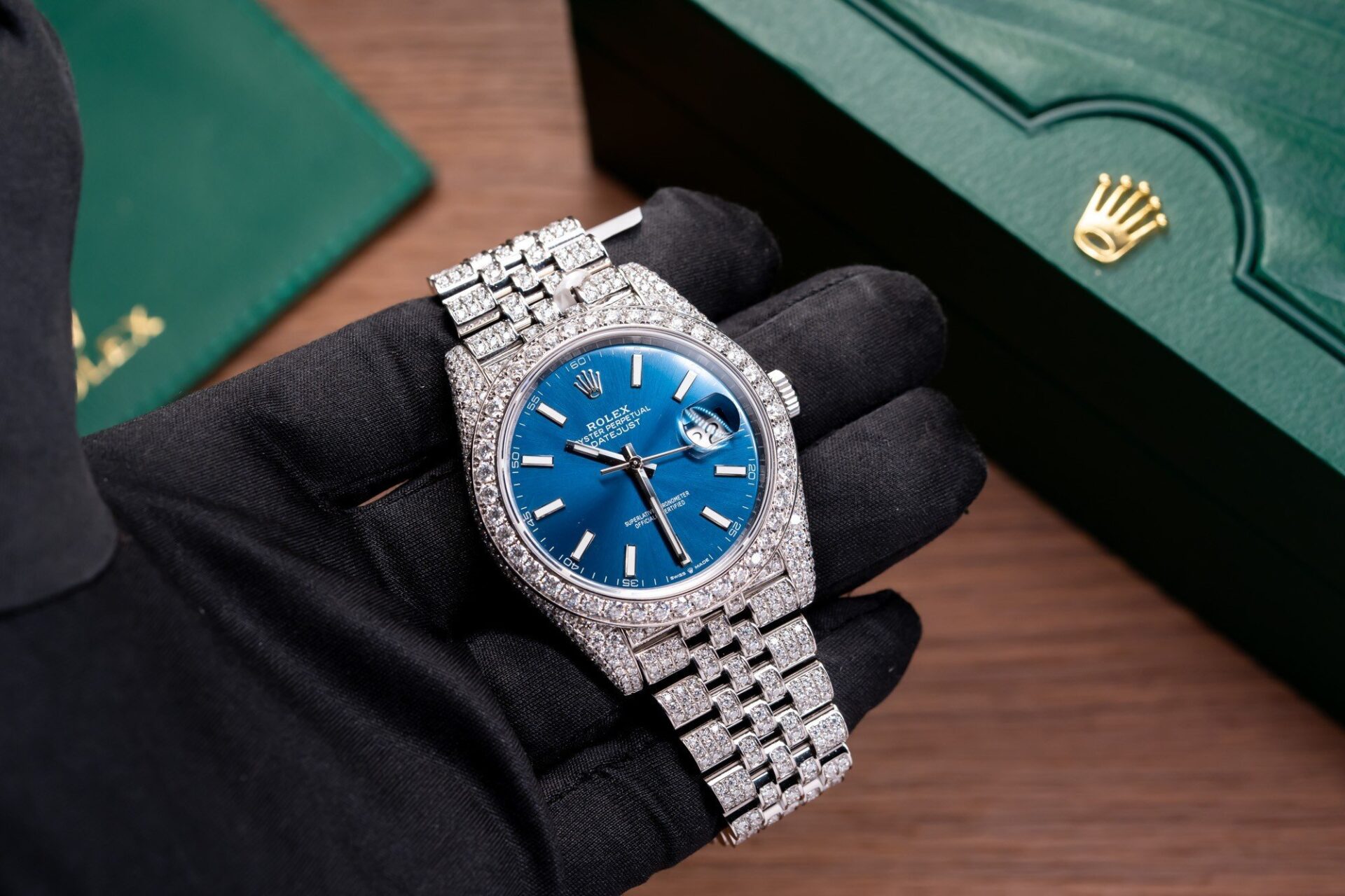 Rolex DateJust 126334 Replica Watch Blue Dial Full Diamond Moissanite 41mm - Soul Replicas