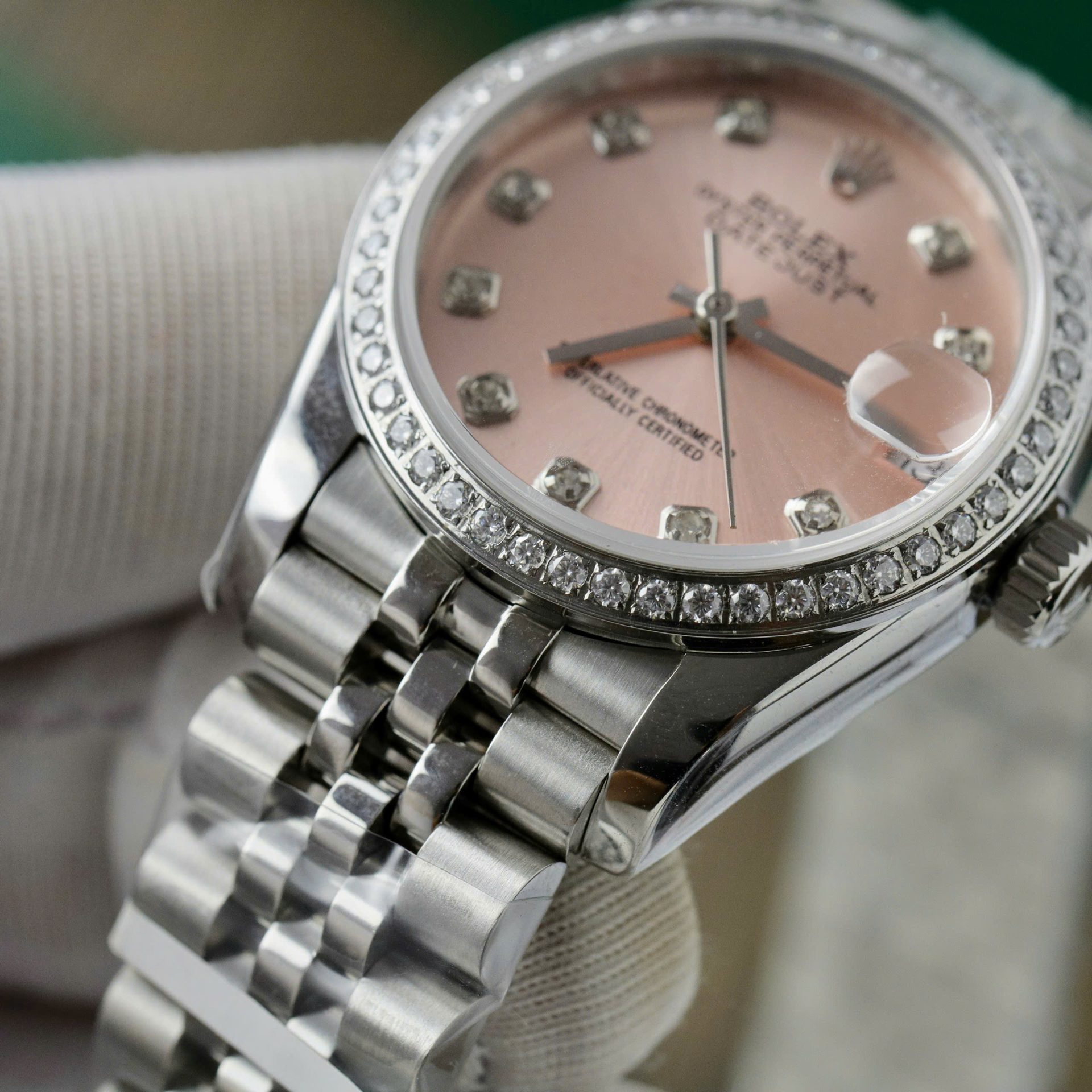 Rolex DateJust Replica Watch Womens Pink Dial Custom Moissanite Diamonds 31mm - Soul Replicas