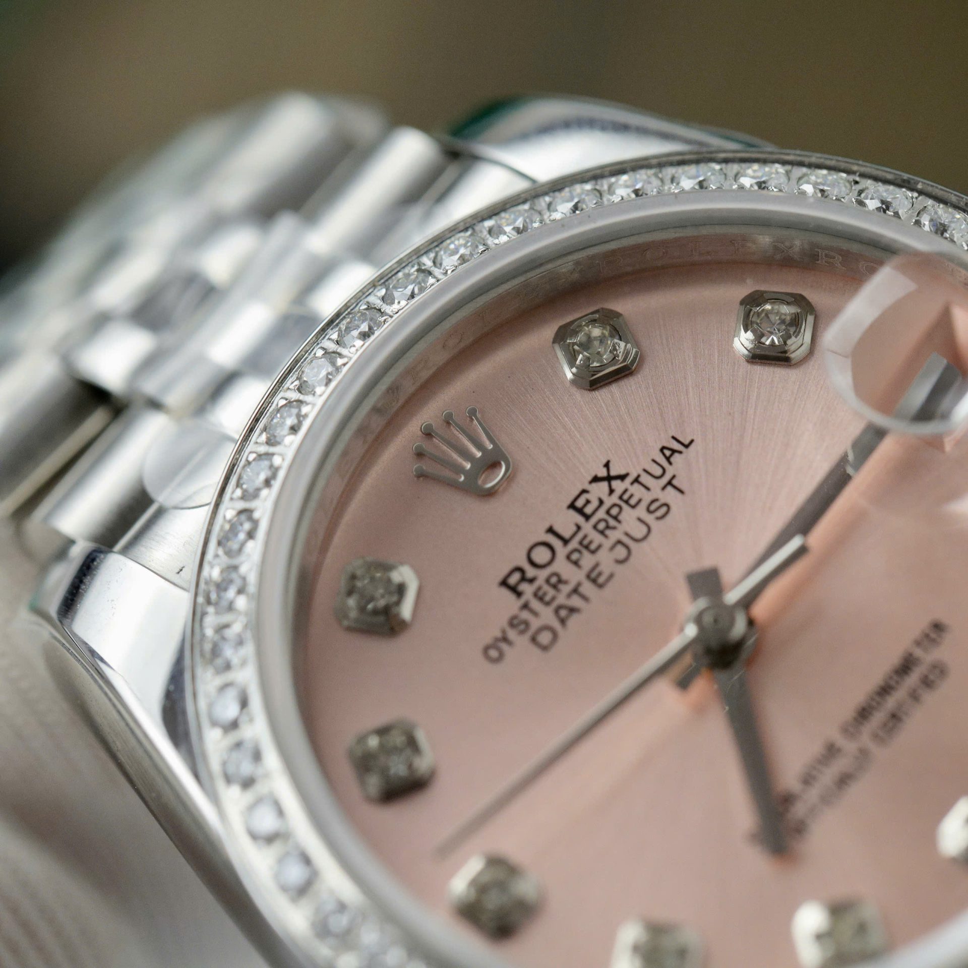 Rolex DateJust Replica Watch Womens Pink Dial Custom Moissanite Diamonds 31mm - Soul Replicas