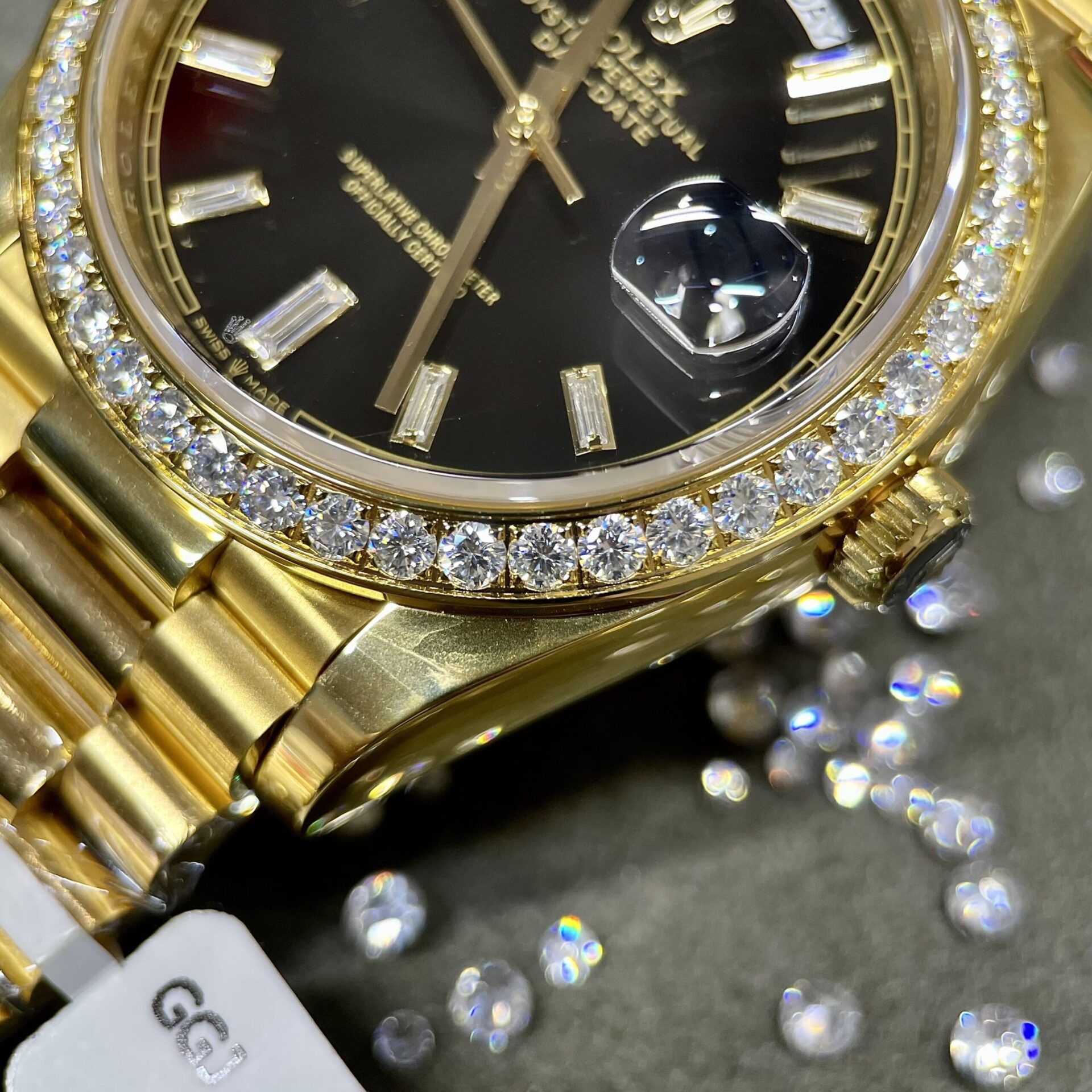 Rolex Day-Date Clone Watch Black Dial Moissanite Diamonds Custom 40mm - Soul Replicas