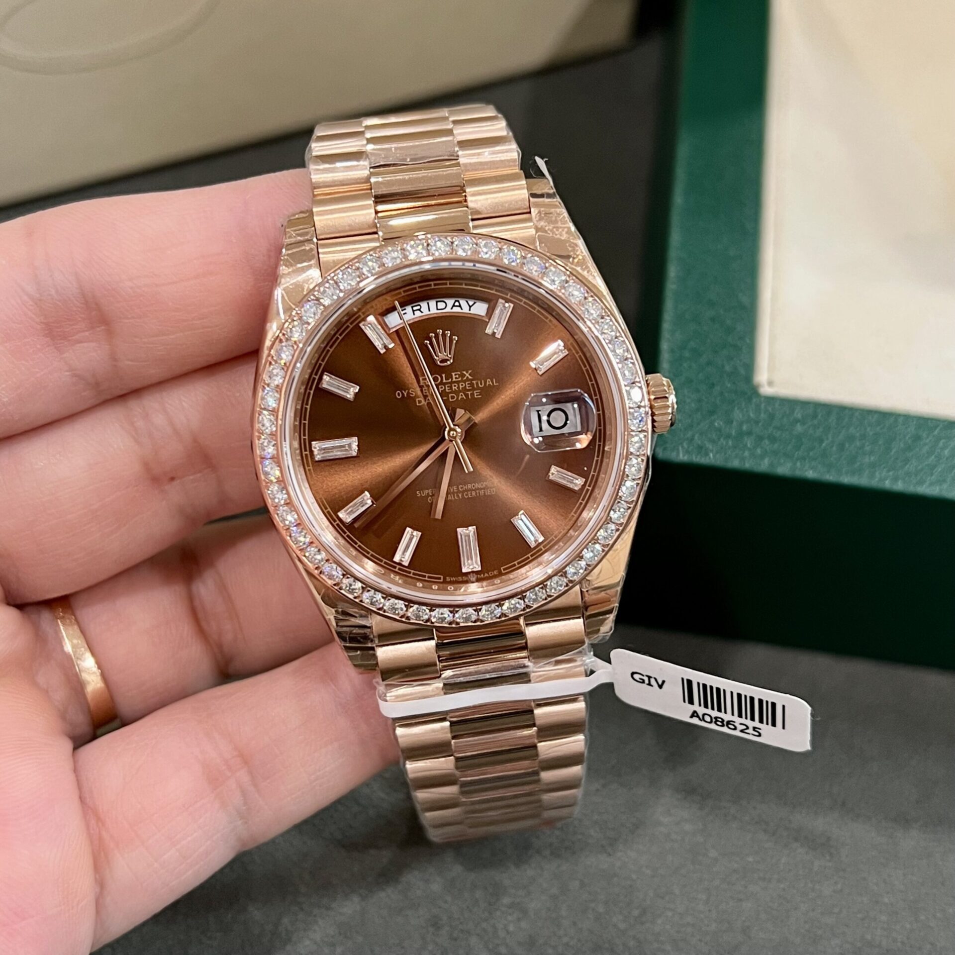 Rolex Fake Watch Day-Date Dial Chocolate Moissanite Diamonds Custom 40mm - Soul Replicas