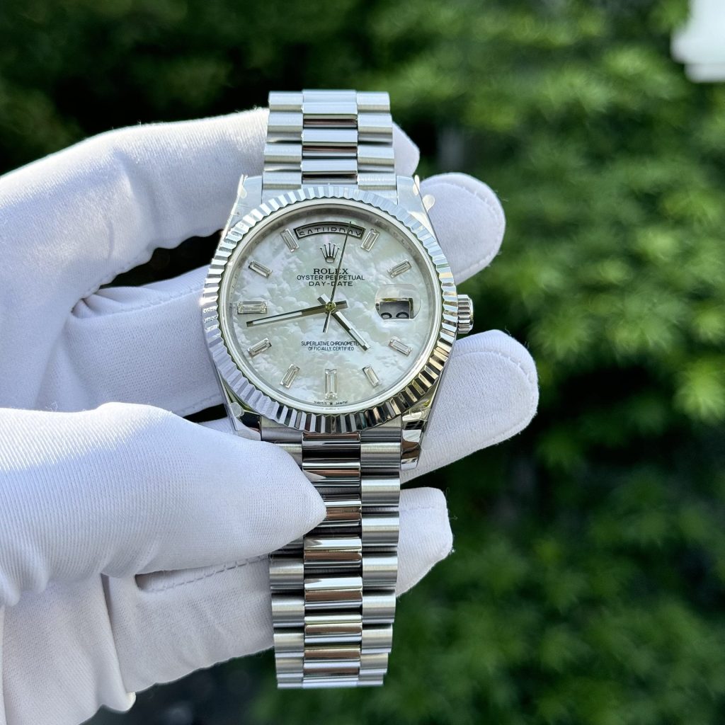 Rolex Day-Date Replica Watch Custom Mother Of Pearl & Moissanite Diamonds Baguetee 40mm - Soul Replicas