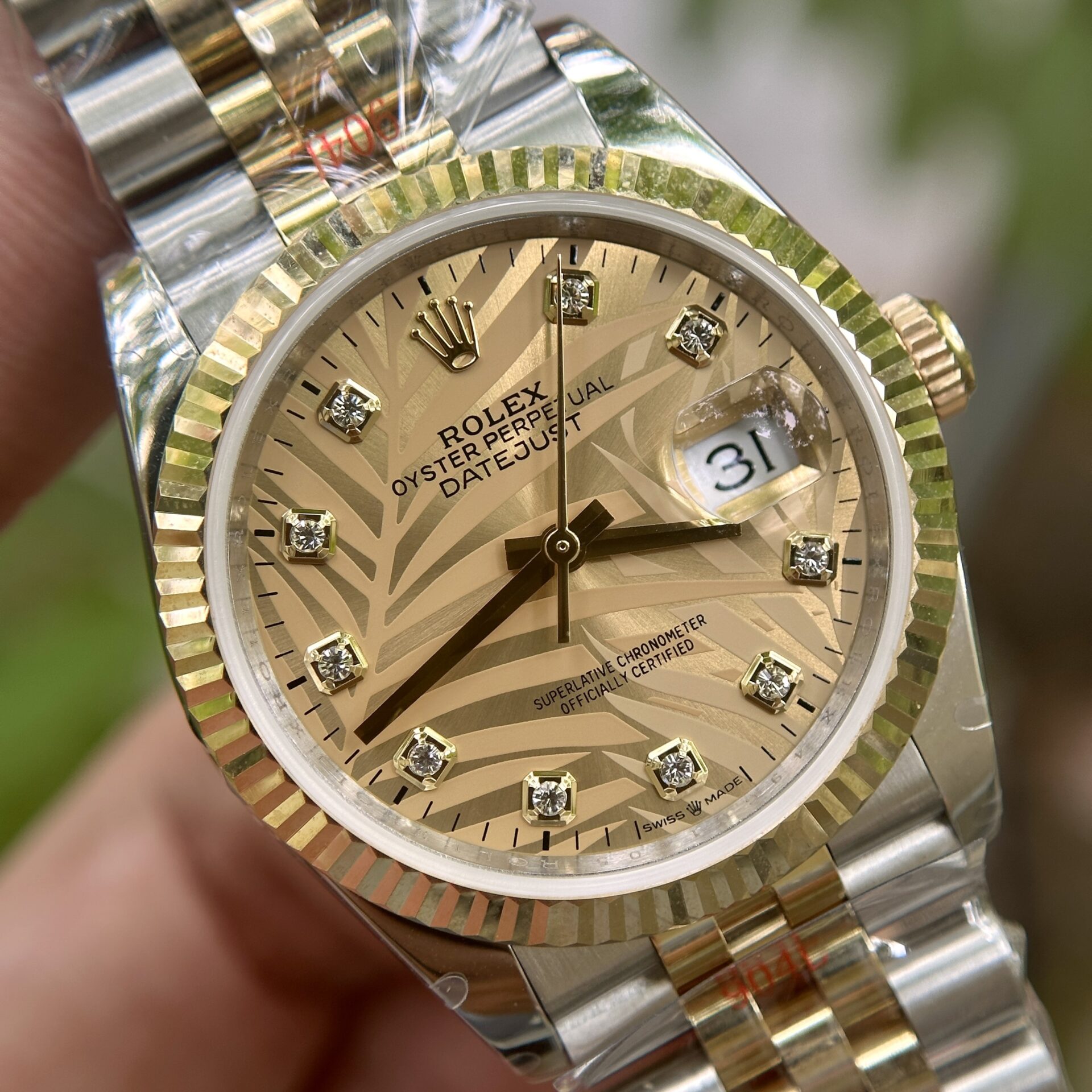 Rolex DateJust 18K Gold Wrapped Replica Watch Palm Leaf Dial GM 36mm - Soul Replicas