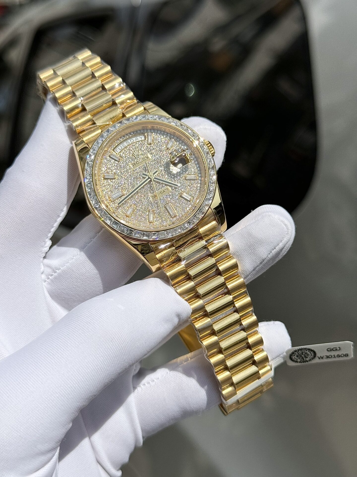 Rolex Day-Date Replica Watch Diamond Moissanite Baguette Gold Wrapped 40mm - Soul Replicas