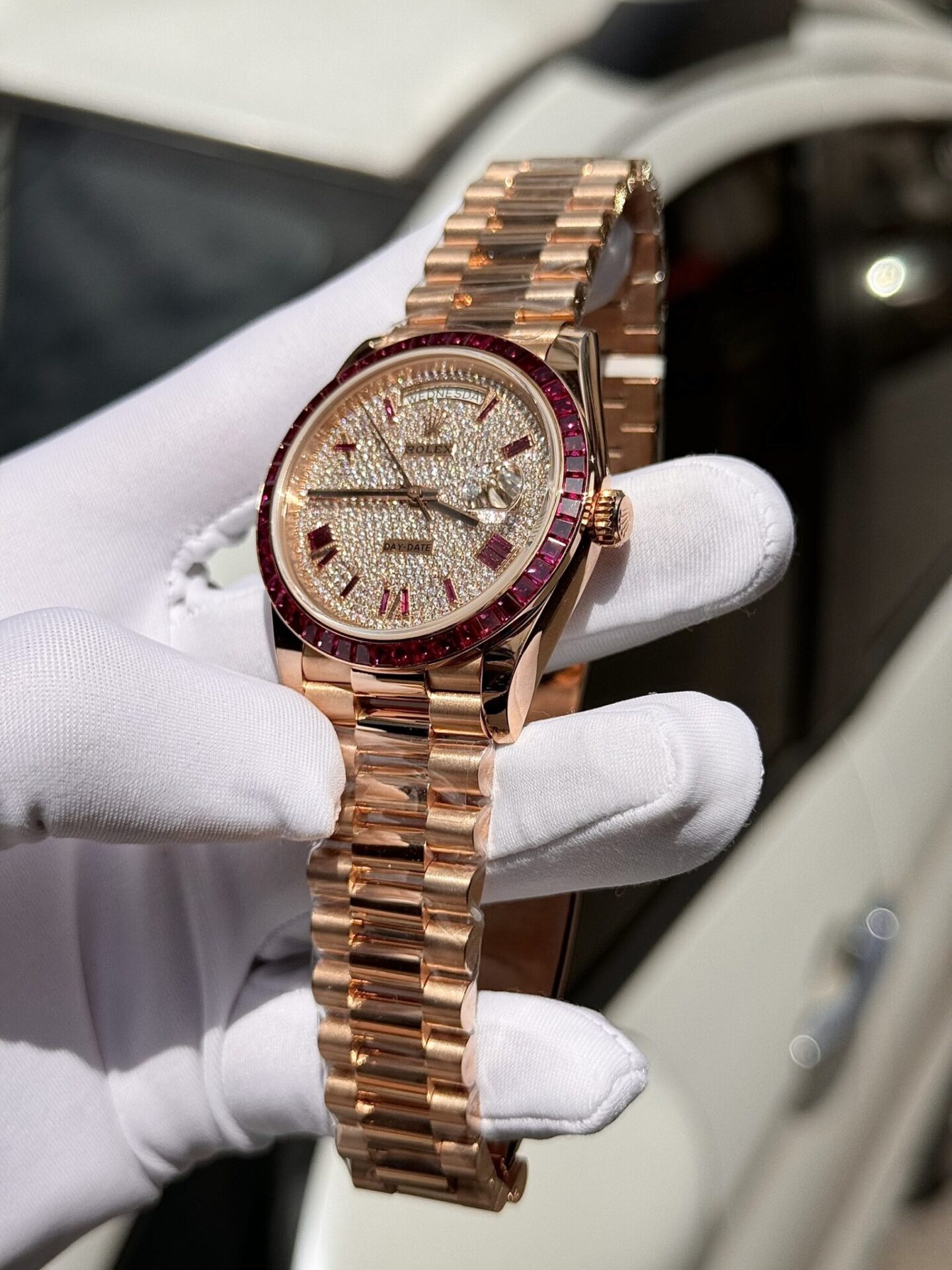 Rolex Best Replica Watch Day-Date Custom Ruby Red & Baguette Moissanite Diamonds GM Factory 40mm - Soul Replicas