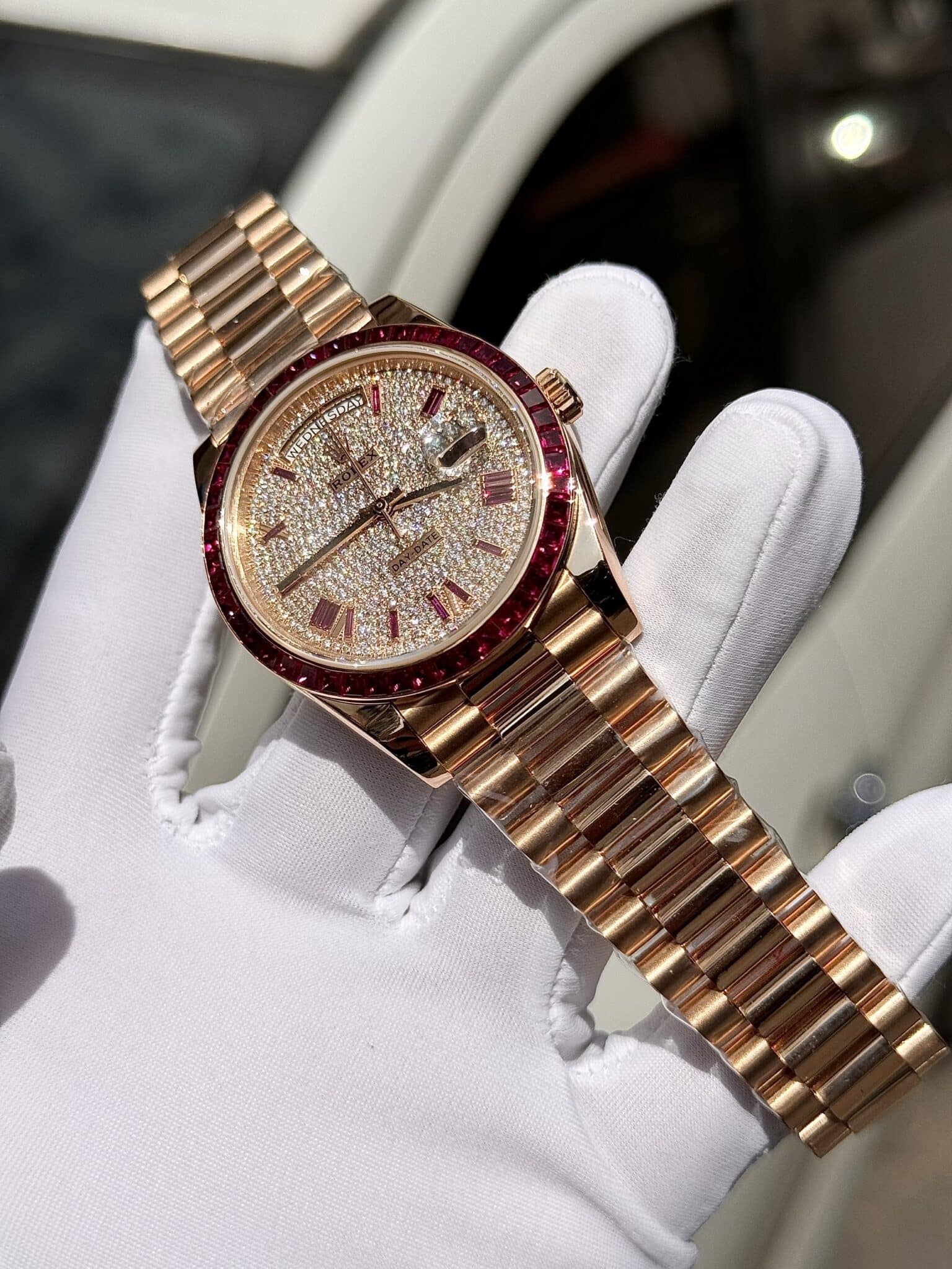 Rolex Best Replica Watch Day-Date Custom Ruby Red & Baguette Moissanite Diamonds GM Factory 40mm - Soul Replicas
