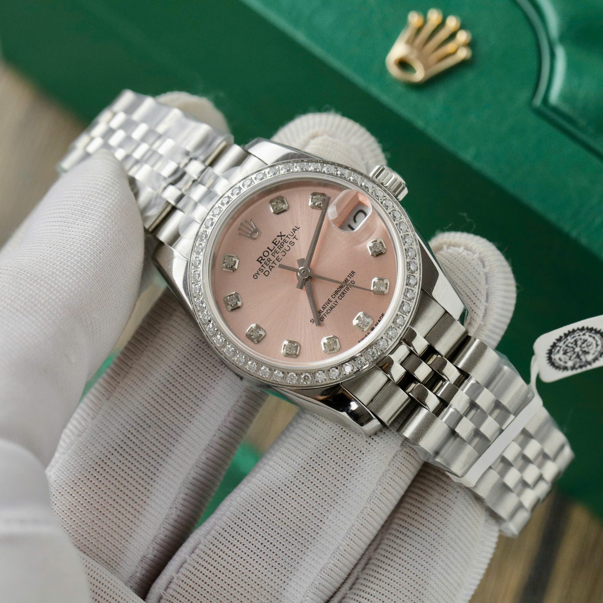 Rolex DateJust Replica Watch Womens Pink Dial Custom Moissanite Diamonds 31mm - Soul Replicas