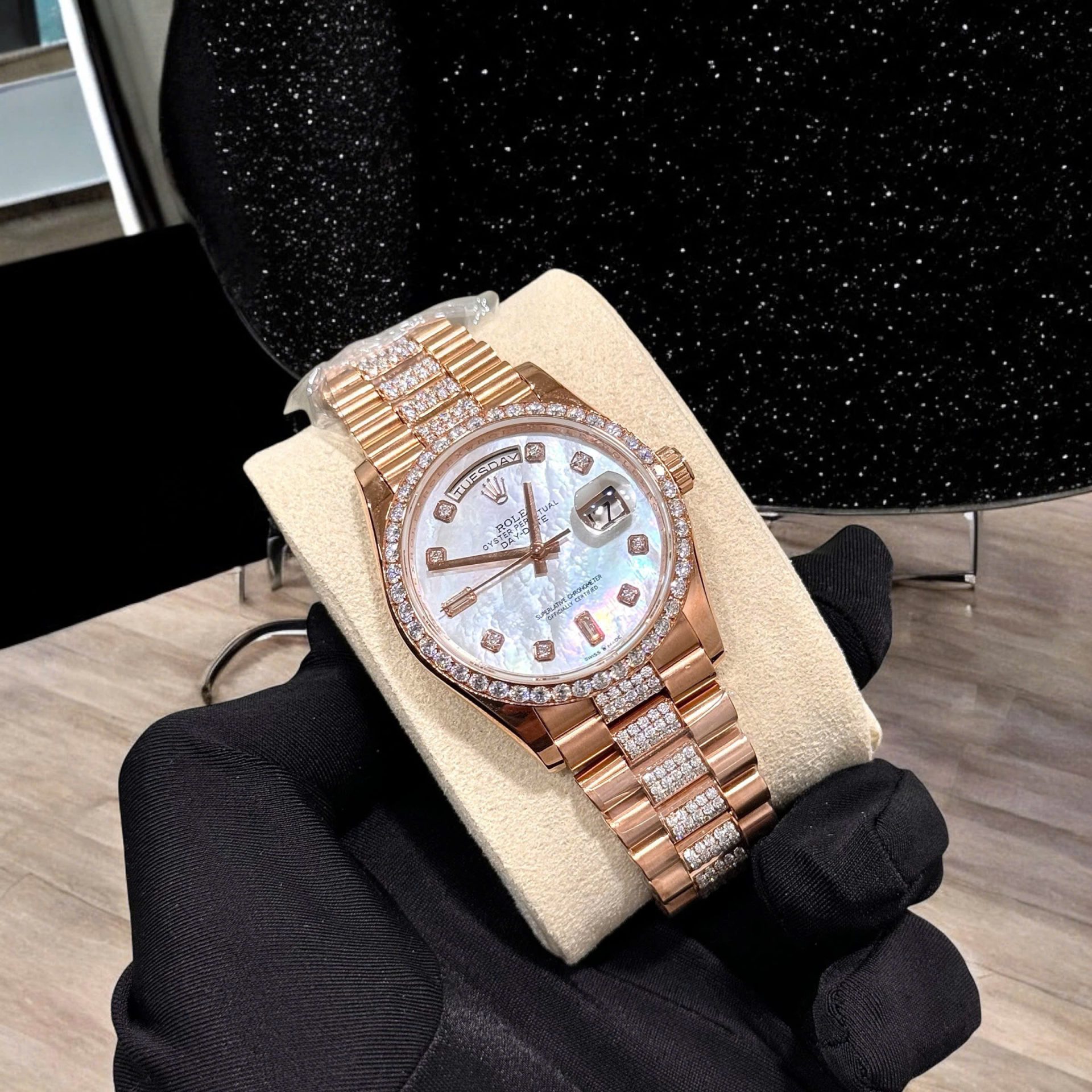 Rolex Day-Date Replica Watch Gold Wrapped Moissanite Diamonds Hong Kong 36mm - Soul Replicas