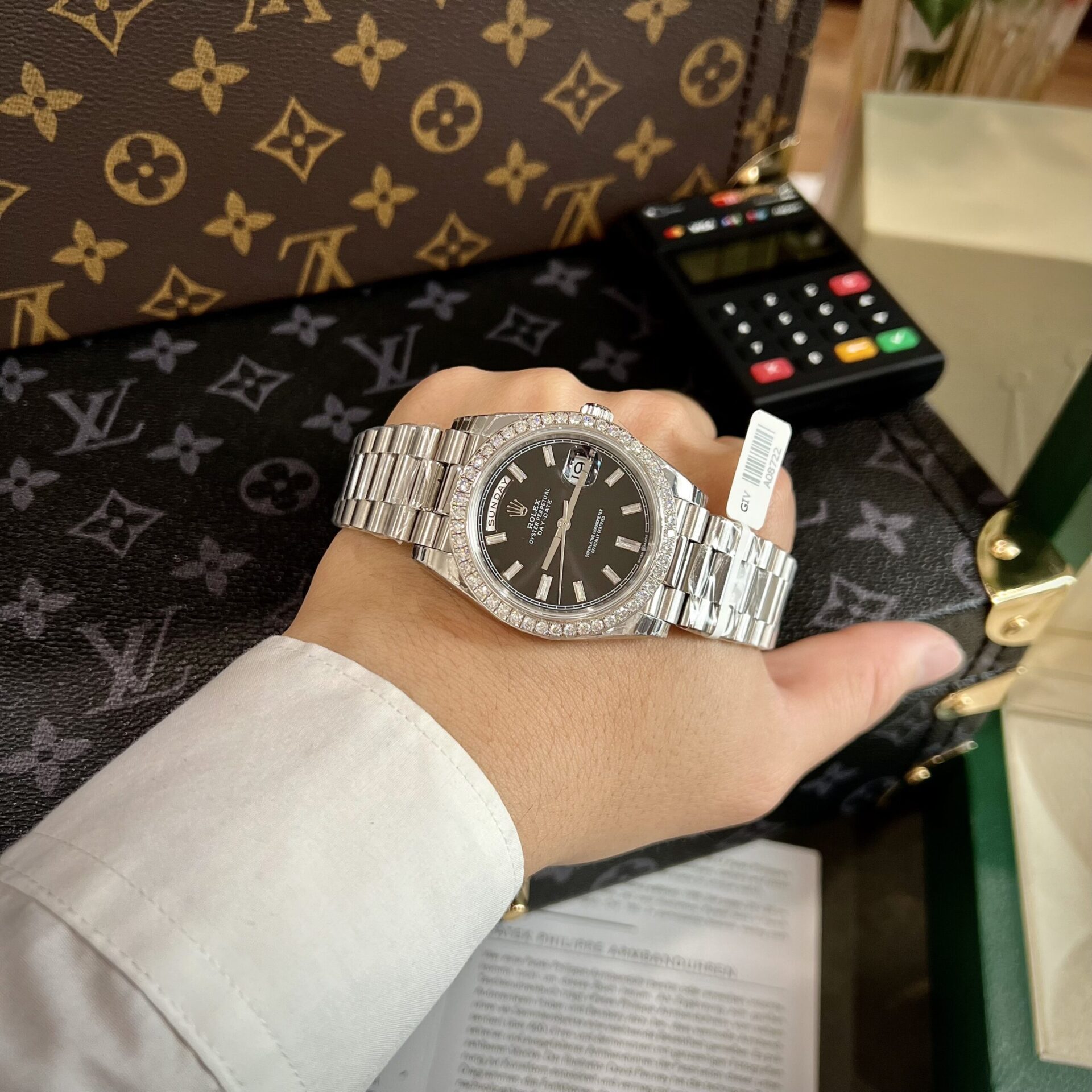 Rolex Day-Date Replica Watch Black Dial Custom Moissanite Diamonds 40mm - Soul Replicas