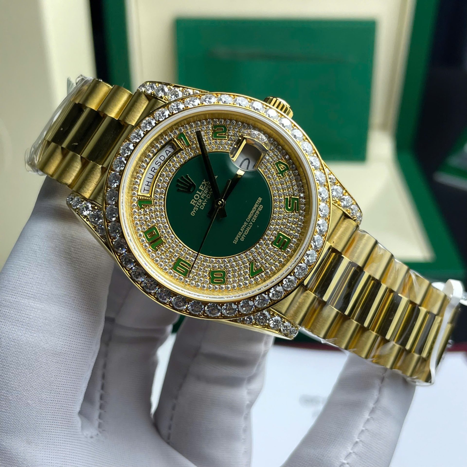 Rolex Day-Date Replica Watch Gold Wrapped + Moissanite Diamonds Weight 173 Gram 40mm - Soul Replicas