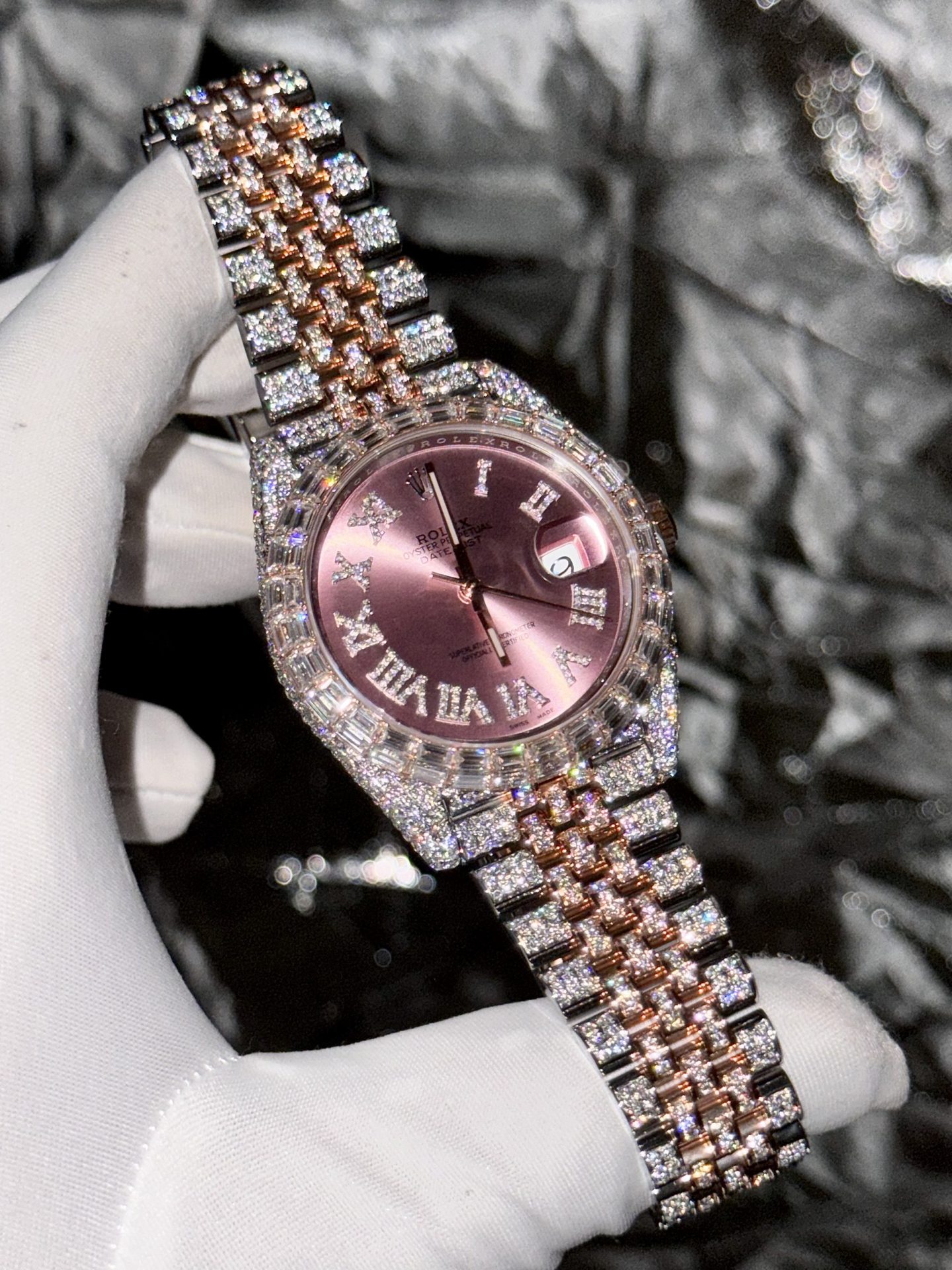 Rolex Replica Watch DateJust With Full Moissanite Diamond Pink Dial 41mm - Soul Replicas