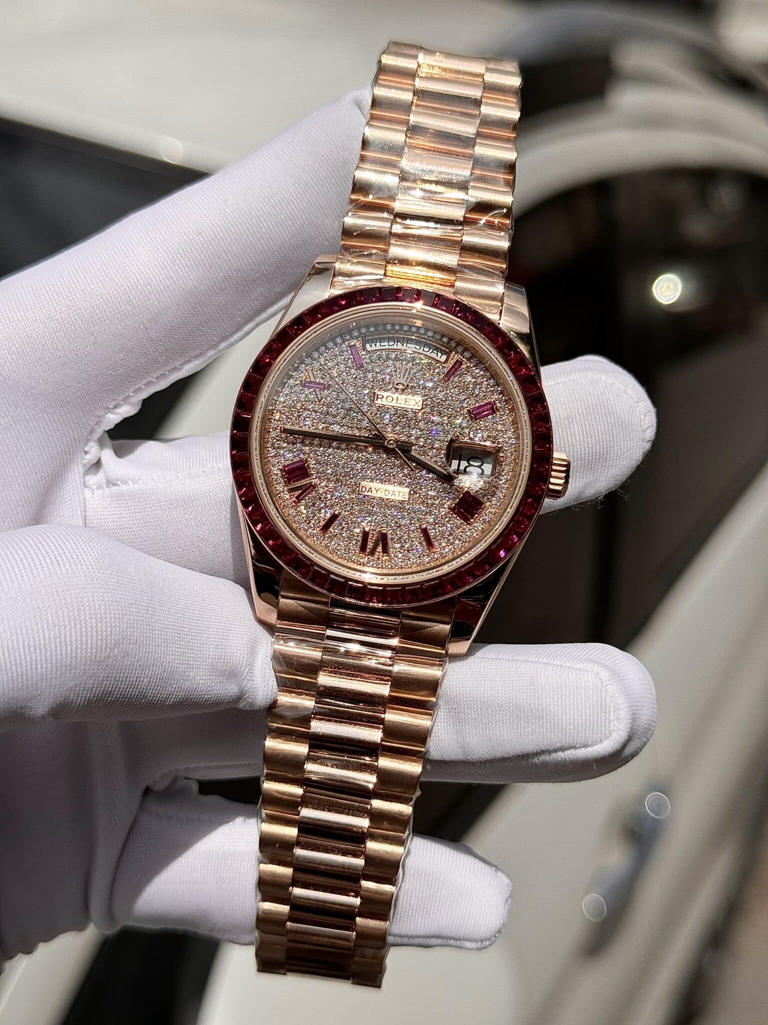 Rolex Best Replica Watch Day-Date Custom Ruby Red & Baguette Moissanite Diamonds GM Factory 40mm - Soul Replicas