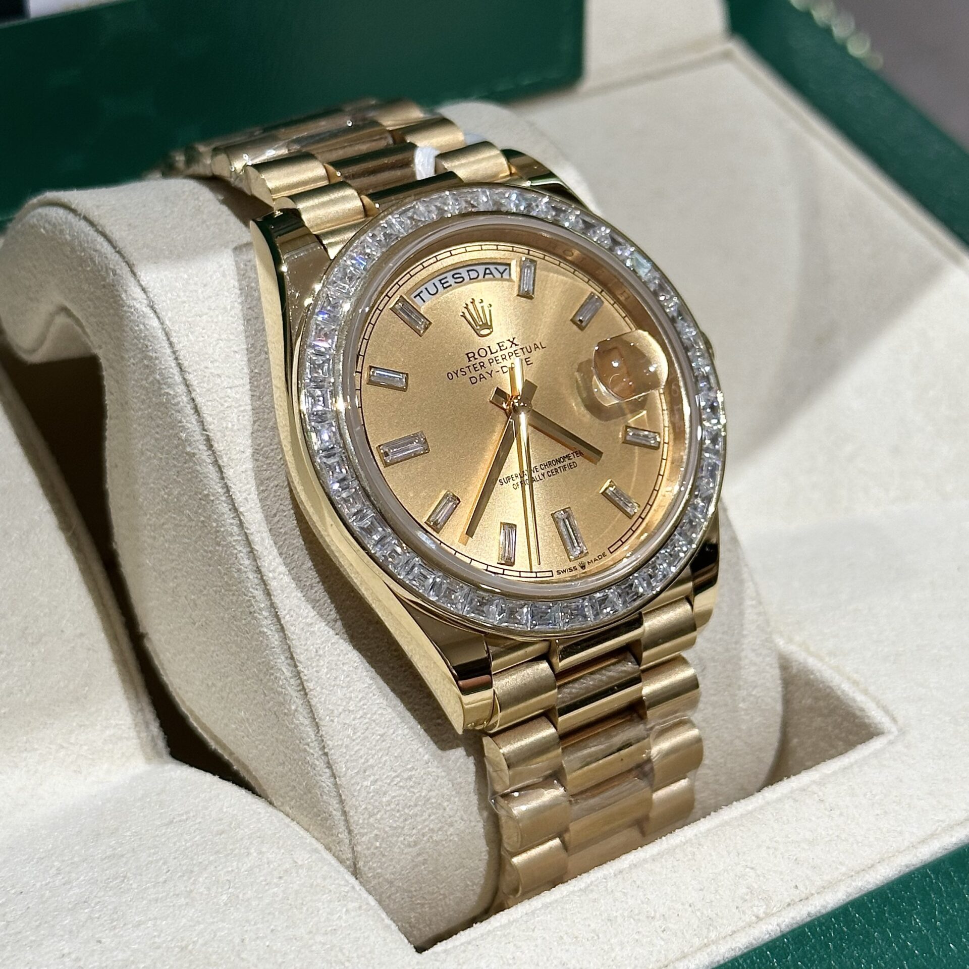 Rolex Day-Date Replica Watch Gold Wrapped Moissanite Baguette Diamond 40mm - Soul Replicas