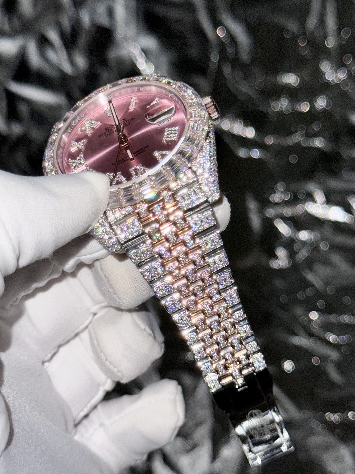 Rolex Replica Watch DateJust With Full Moissanite Diamond Pink Dial 41mm - Soul Replicas