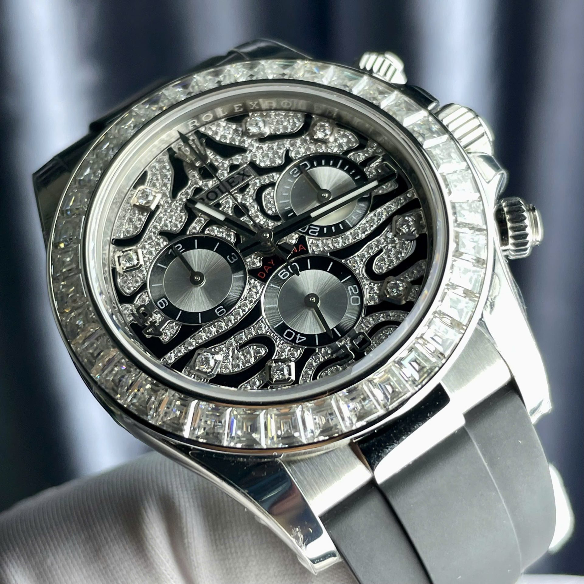 Rolex Cosmograph Daytona Eye Of The Tiger Replica Watch Custom Moissanite Baguette Diamonds 40mm - Soul Replicas