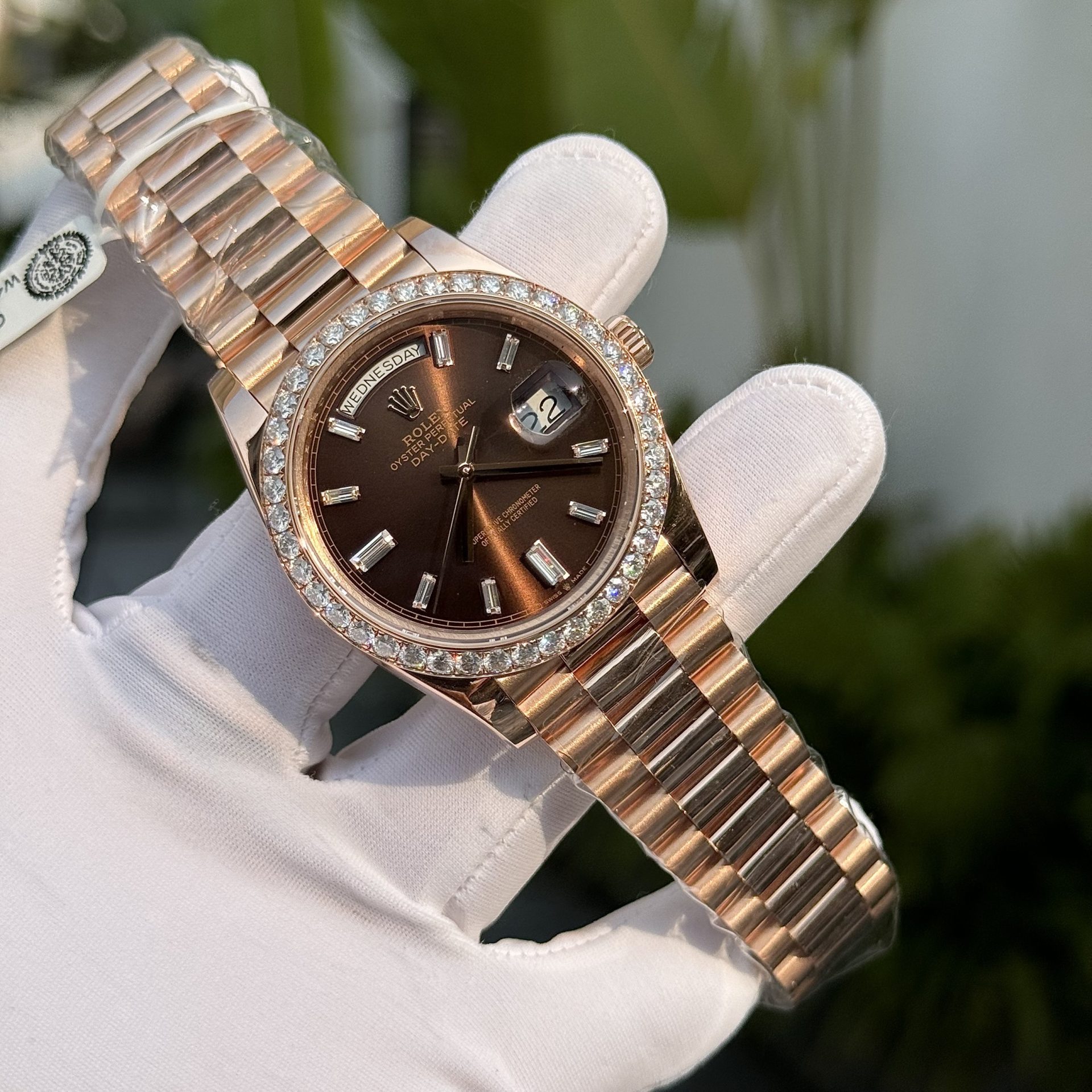 Rolex Replica Watch Day-Date Custom Gold Wrapped Moissanite Diamonds Dial Chocolate GM Factory 40mm - Soul Replicas