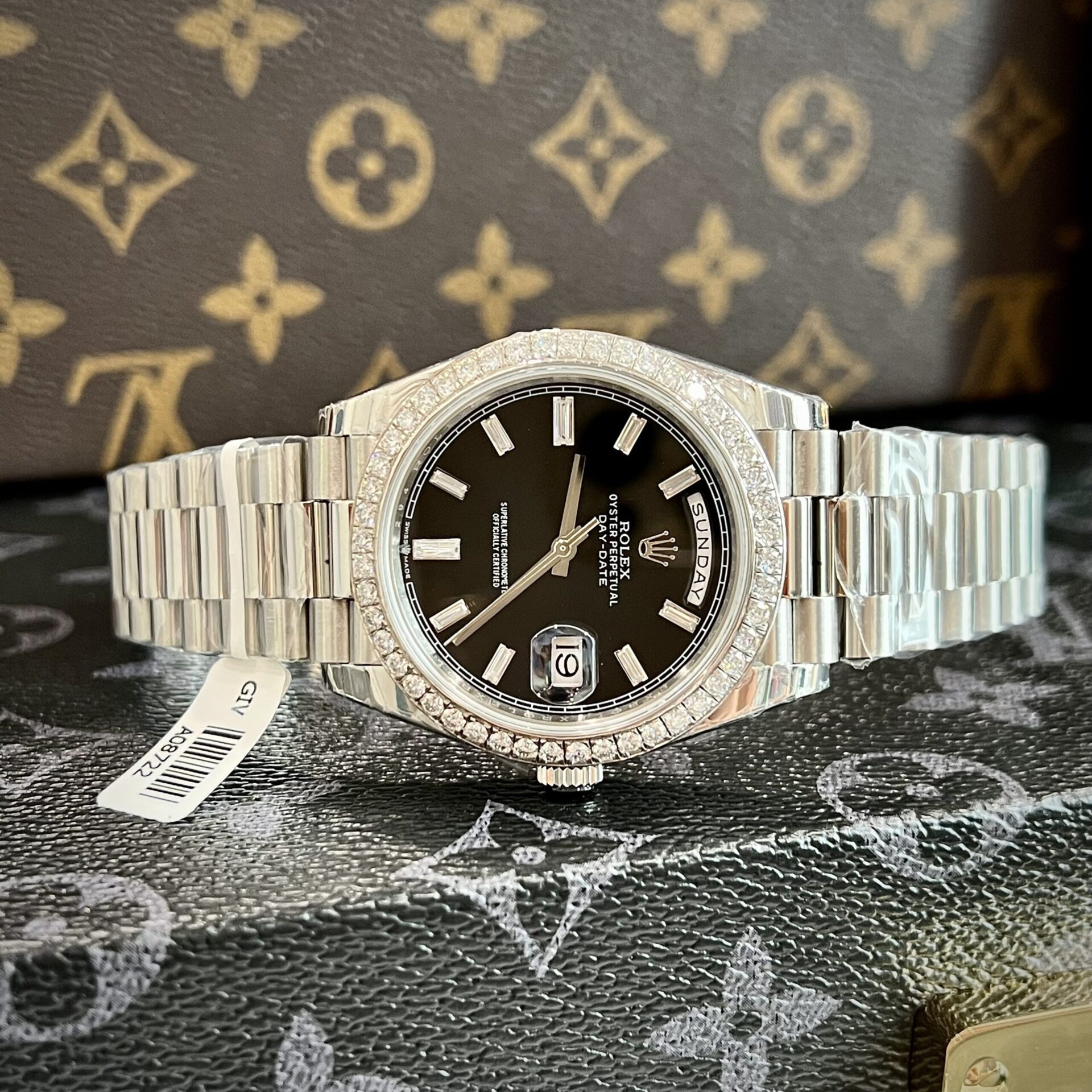 Rolex Day-Date Replica Watch Black Dial Custom Moissanite Diamonds 40mm - Soul Replicas