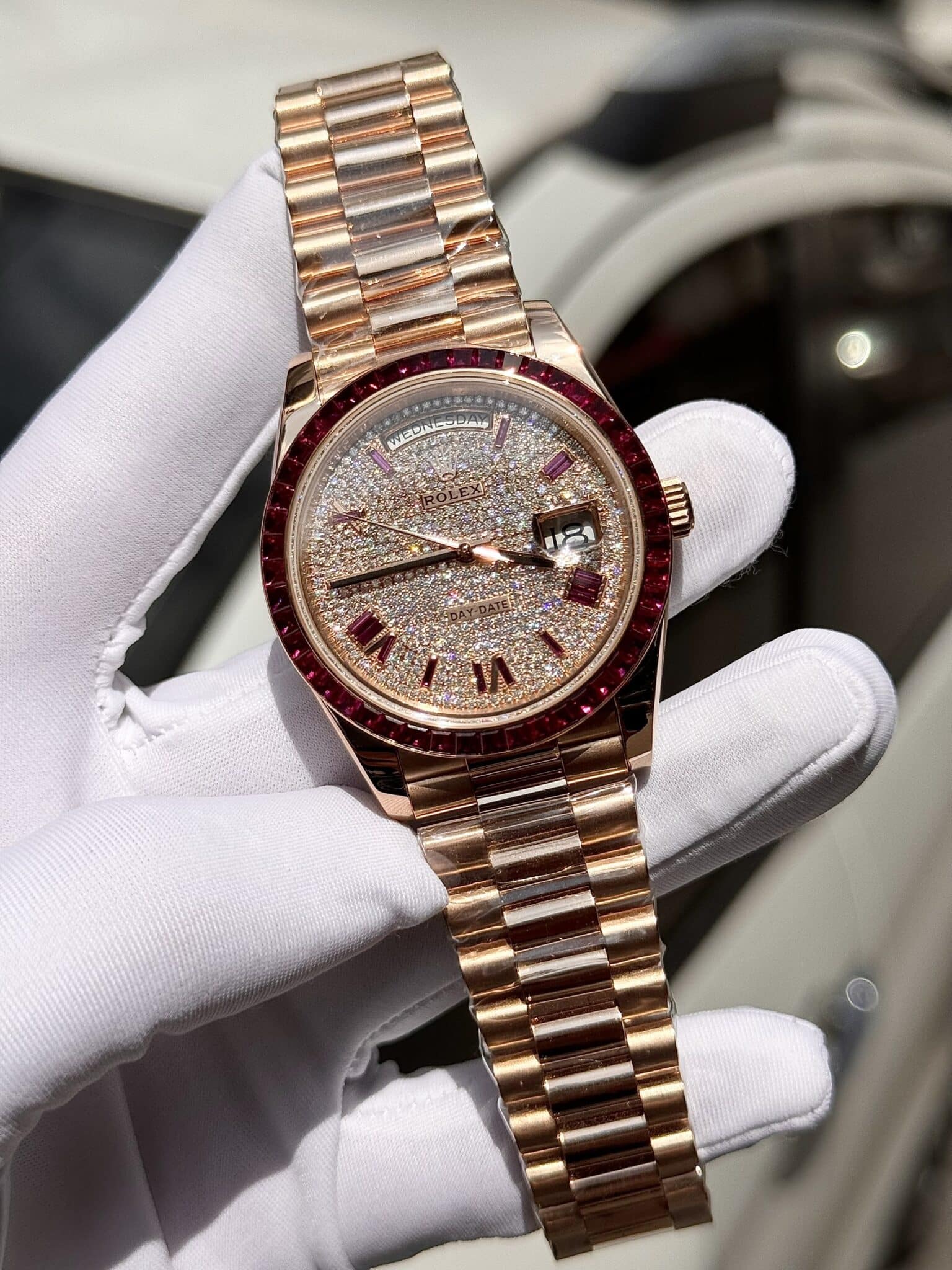 Rolex Best Replica Watch Day-Date Custom Ruby Red & Baguette Moissanite Diamonds GM Factory 40mm - Soul Replicas