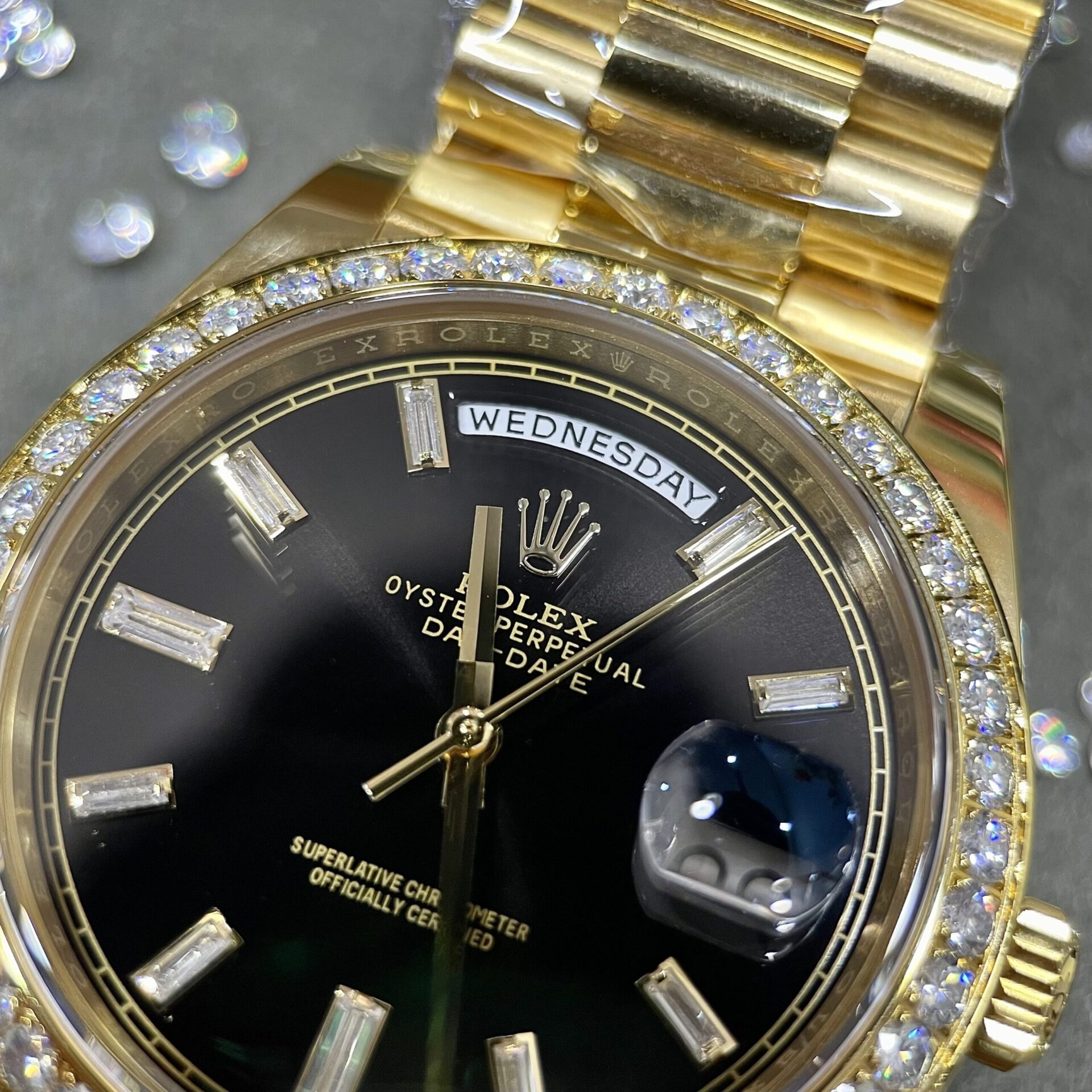 Rolex Day-Date Clone Watch Black Dial Moissanite Diamonds Custom 40mm - Soul Replicas