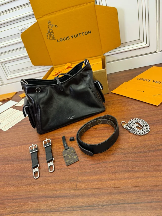 Carryall Cargo Black Knight Lambskin Tote Handbag Shoulder Bag Removable Adjustable Shoulder Strap Locomotive Chain m24861 m46203 - Soul Replicas