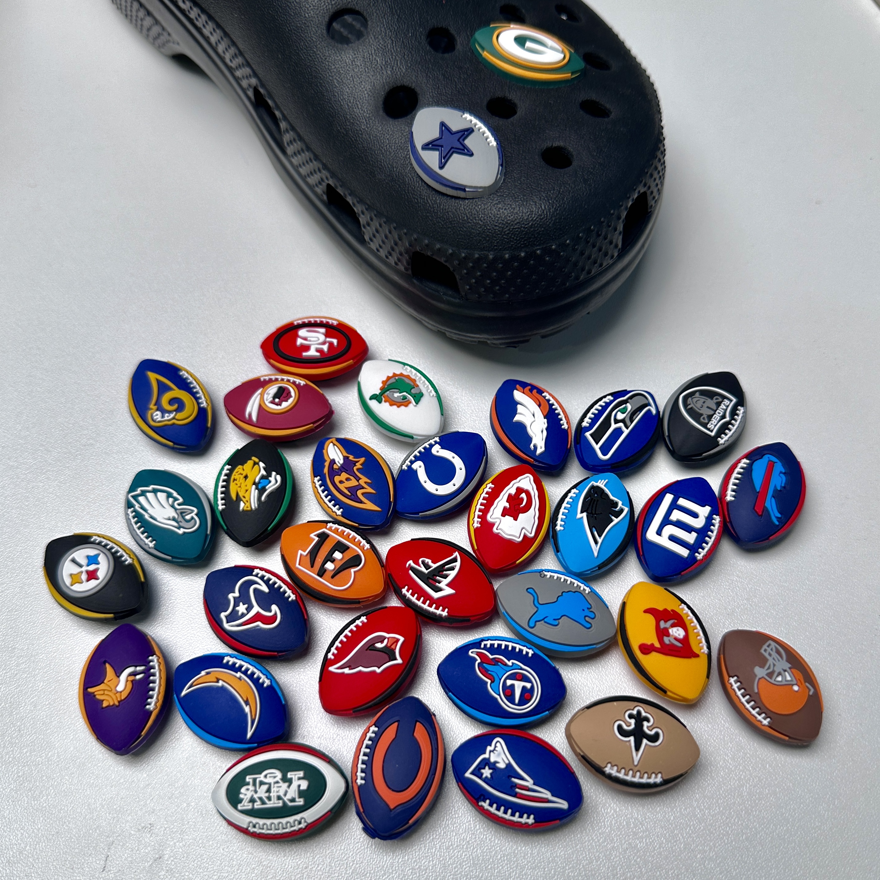 Exclusive American Football Squad Logo Accents for Crocs & Clog Footwear - Show Your Team Spirit with Stylish NFL or College Mascot Designs on Your Shoe Charms