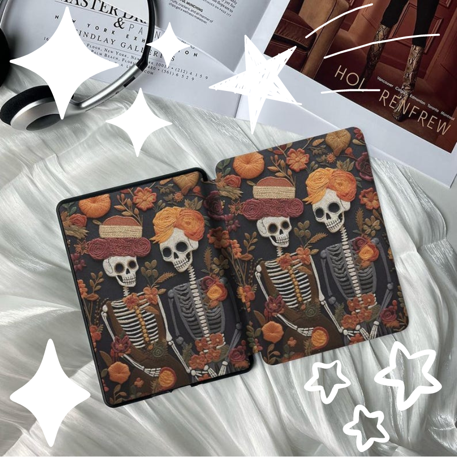 Choice of Personalized Gifts: 2022 11th Generation Kindle Paperwhite 6.8-inch Protective Case with Hand Strap - Floral Skull Couple Style Kindle Cover