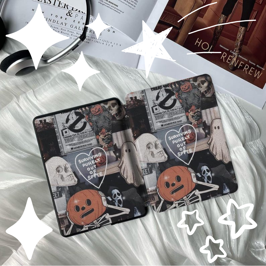 Pumpkin Spice Skull Theme: 2022 11th Generation Kindle Paperwhite 6.8-inch Protective Case with Hand Strap, Personalized Halloween Gift