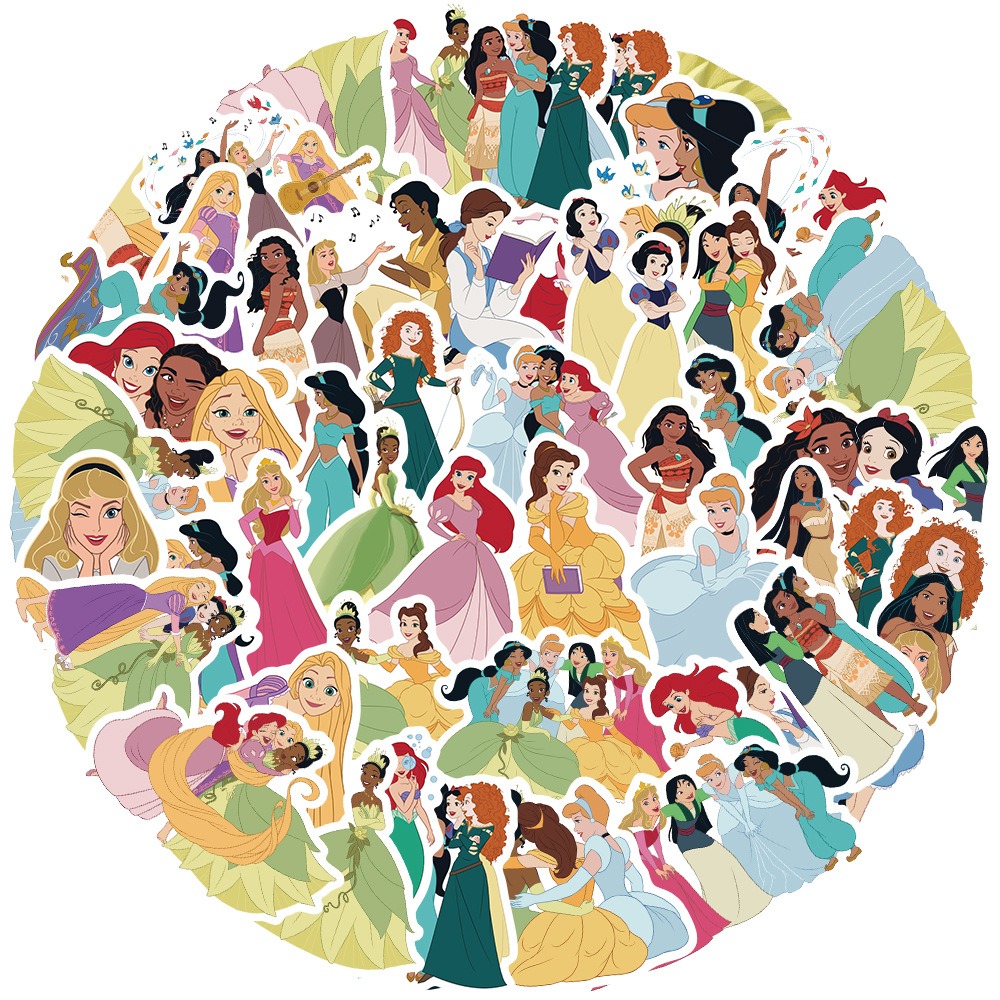 52-Piece Set of 2 Cartoon Princess Graffiti Stickers - DIY Decorations for Suitcases, Mobile Phones, Water Bottles, Scooters, and Waterproof Children's Stickers