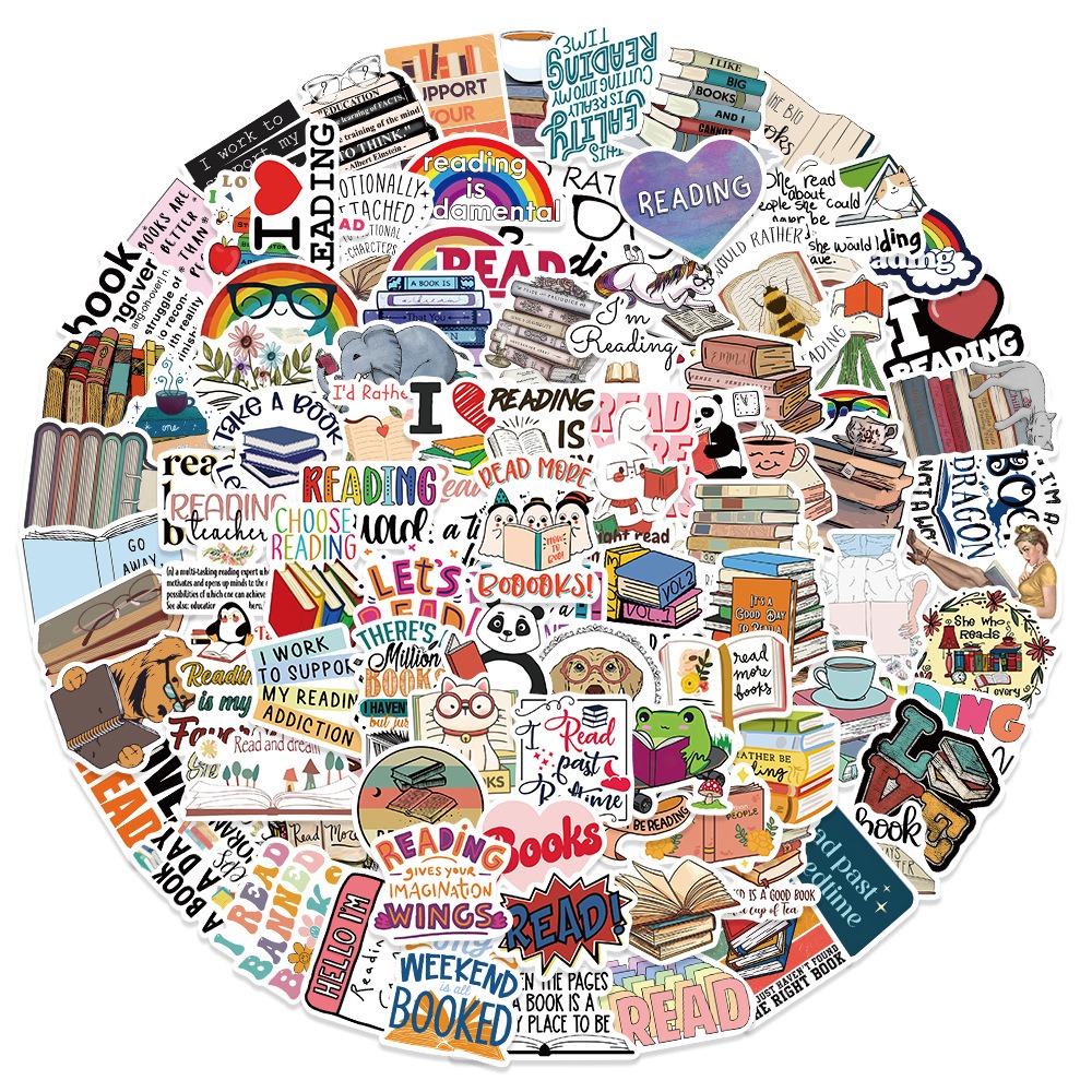 100-Piece Reading & Book-Themed Handmade Sticker Set - Cartoon Decorations for Stationery, Suitcases, and Notebooks