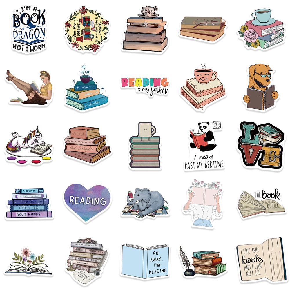 100-Piece Reading & Book-Themed Handmade Sticker Set - Cartoon Decorations for Stationery, Suitcases, and Notebooks
