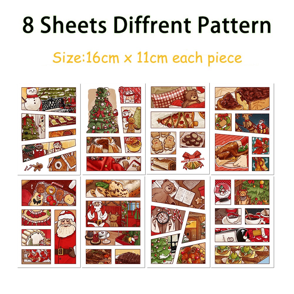 8 Sheets of Festive Hand-Drawn Christmas Diary Stickers - DIY Scrapbooking & Journaling Materials for Decorating Notebooks, Handbags, and Smartphones
