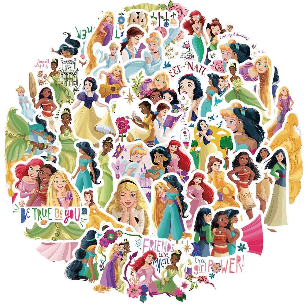 52-Piece Set of 2 Cartoon Princess Graffiti Stickers - DIY Decorations for Suitcases, Mobile Phones, Water Bottles, Scooters, and Waterproof Children's Stickers