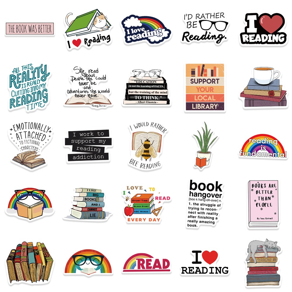 100-Piece Reading & Book-Themed Handmade Sticker Set - Cartoon Decorations for Stationery, Suitcases, and Notebooks