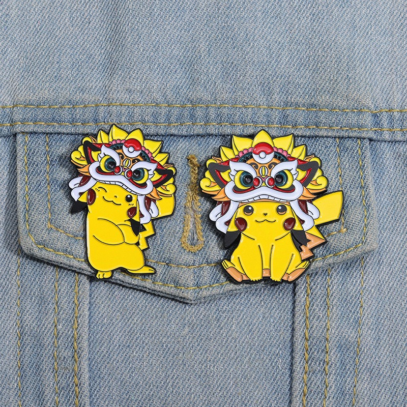 Trendy Niche Pick! Adorable Pikachu Lion Dance Head Anime Brooch, Unique & Versatile Badge, Perfect Gift