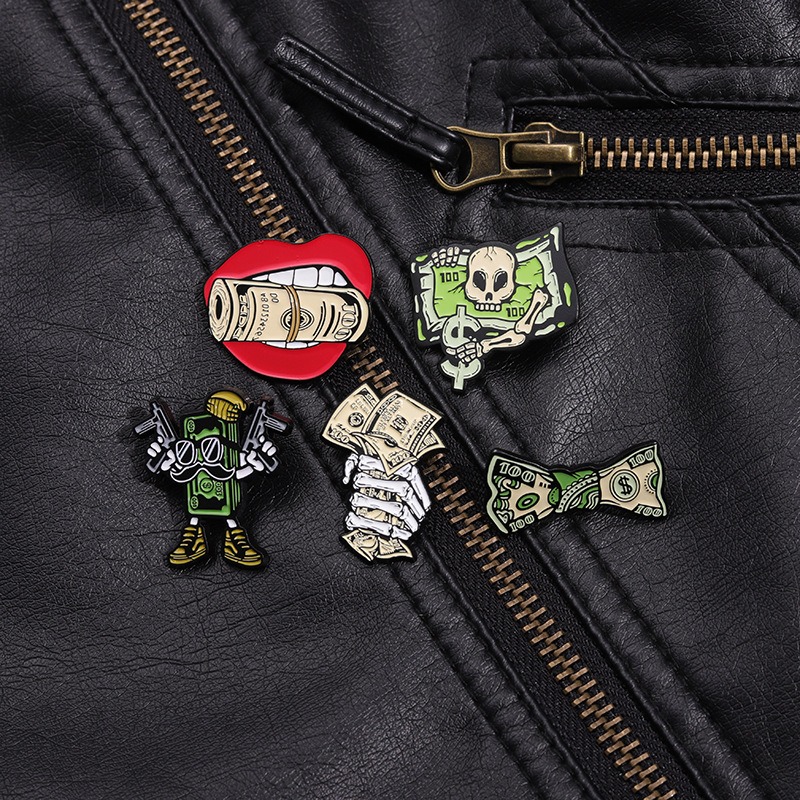 Creative Cartoon Skull & Money Element Pin, Unique Design, Niche & Versatile, Irregular Fixation Pin for Clothing & Hats
