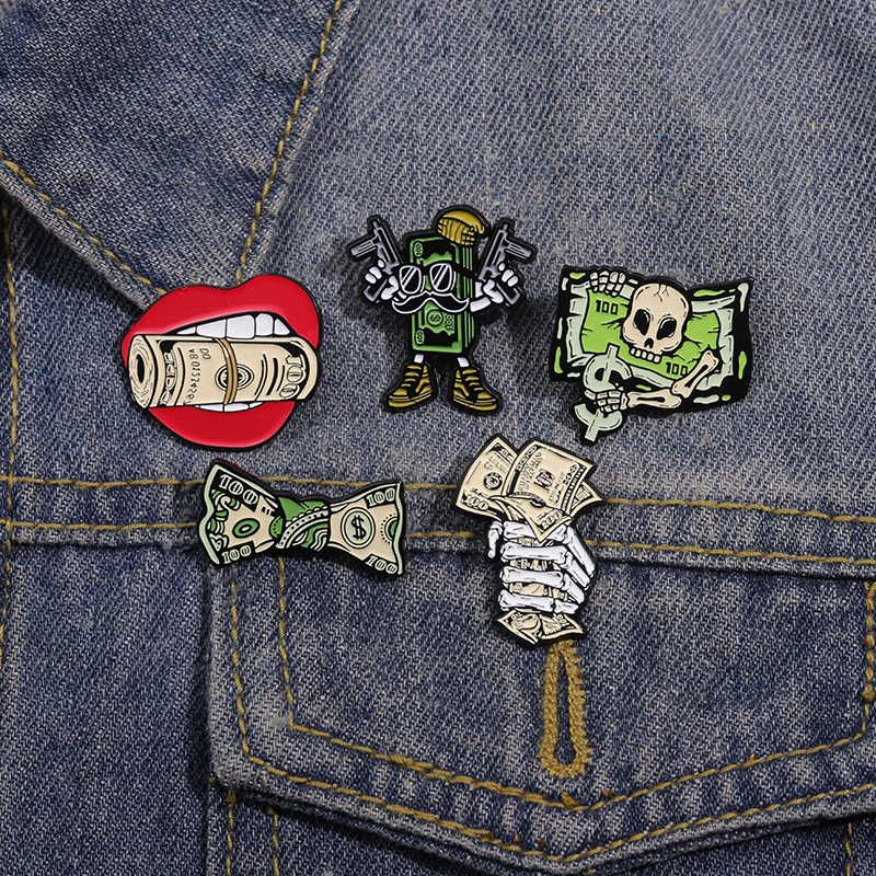 Creative Cartoon Skull & Money Element Pin, Unique Design, Niche & Versatile, Irregular Fixation Pin for Clothing & Hats
