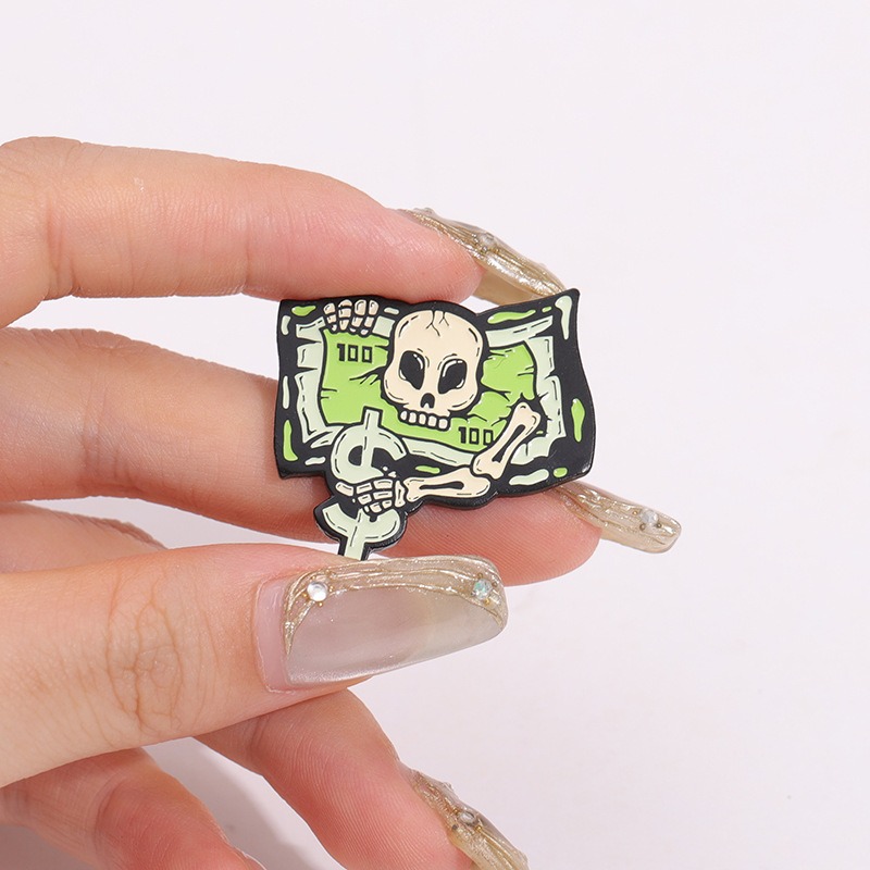Creative Cartoon Skull & Money Element Pin, Unique Design, Niche & Versatile, Irregular Fixation Pin for Clothing & Hats