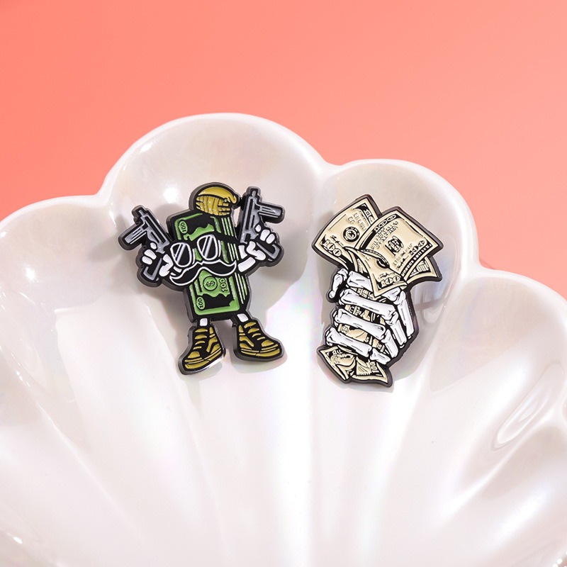 Creative Cartoon Skull & Money Element Pin, Unique Design, Niche & Versatile, Irregular Fixation Pin for Clothing & Hats