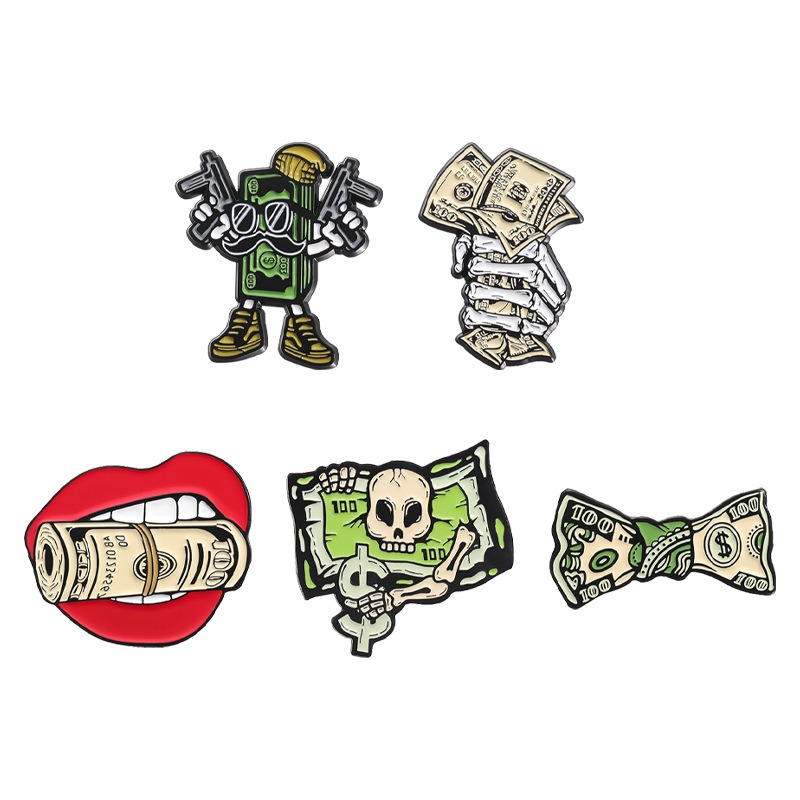 Creative Cartoon Skull & Money Element Pin, Unique Design, Niche & Versatile, Irregular Fixation Pin for Clothing & Hats