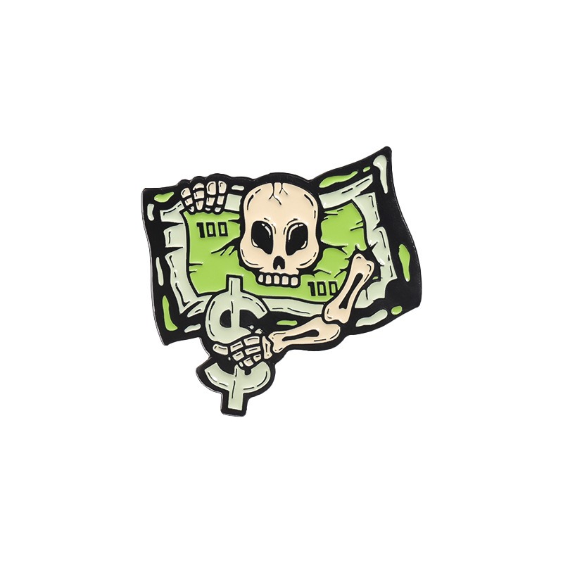 Creative Cartoon Skull & Money Element Pin, Unique Design, Niche & Versatile, Irregular Fixation Pin for Clothing & Hats