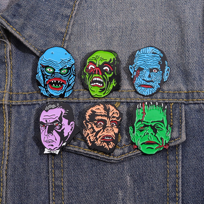 Classic Monster Character Badge Collection Set: Frankenstein, Monster, Werewolf, Alien, Zombie