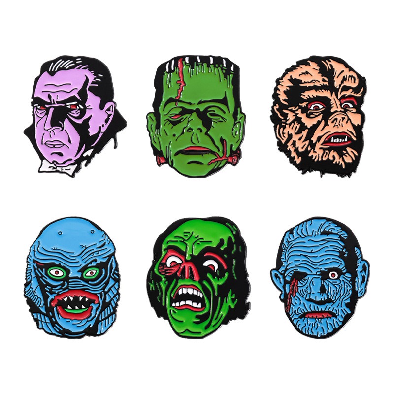 Classic Monster Character Badge Collection Set: Frankenstein, Monster, Werewolf, Alien, Zombie