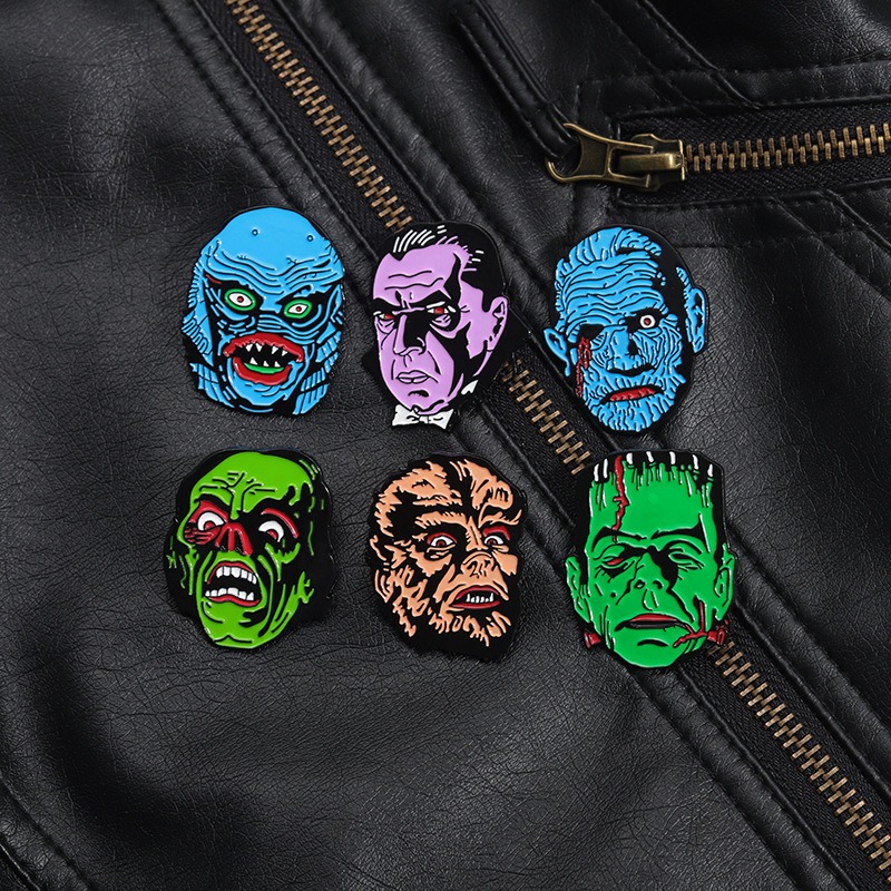 Classic Monster Character Badge Collection Set: Frankenstein, Monster, Werewolf, Alien, Zombie